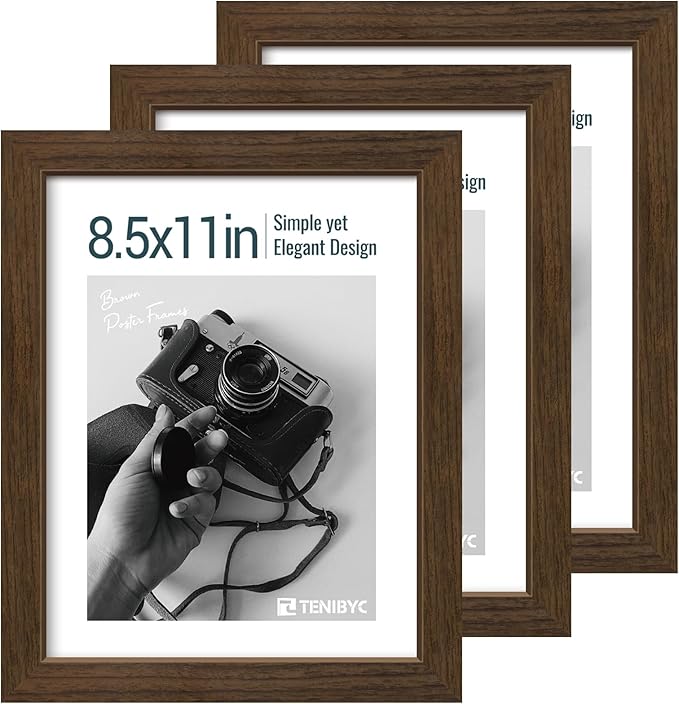 8.5x11 Picture Frame Set of 3 - Brown Woodgrain, Wood Photo Frame, HD Tempered Glass, Table Display or Wall Hanging