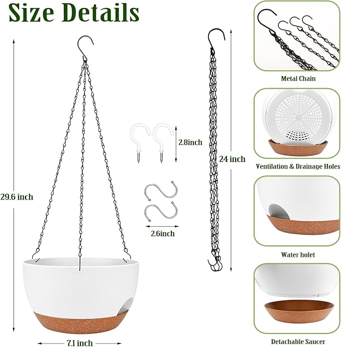 Hanging Planters for Outdoor Indoor Plants, 2 Pack 12 Inch Hanging Basket Plants Outdoor, Self Watering Hanging Planter with Plant Hanger for Garden Home Decoration (White)