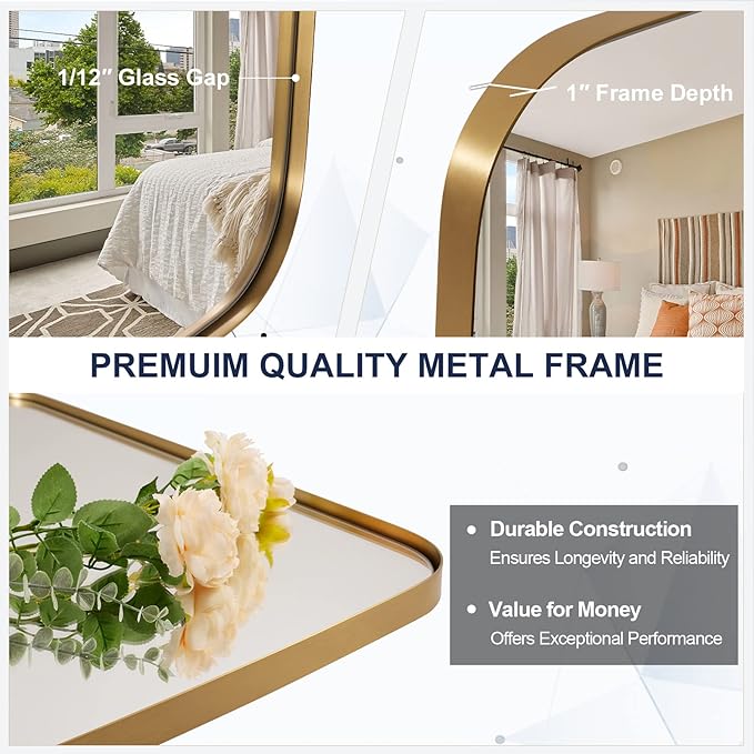 ANDY STAR 30x40” Gold Bathroom Mirror, Oblong Brass Mirror with Stainless Steel Metal Frame, Brushed Gold Oval Vanity Mirror for Over Sink, Modern Anti Rust Wall Mounted