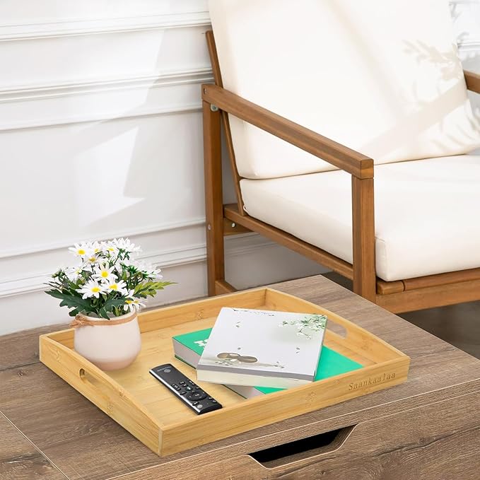 Bamboo Serving Tray Set of 2 Elegant for Coffee, Eating or Decor - Large and Small Rectangle Serving Trays with Handles - Wood Serving Tray Suitable for Home, Kitchen and Outdoor
