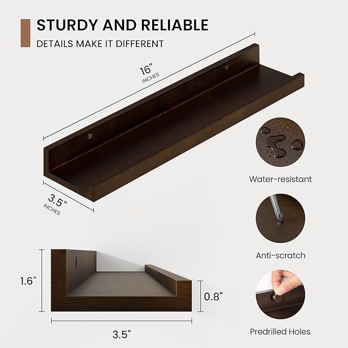 Picture Ledge Shelf, Solid Pine Wood Floating Shelves Set of 4, 16 Inches Nursery Book Shelves for Toys Storage, Kids Bookshelf Wall Mounted for Living Room Decor Photo Frames, Walnut