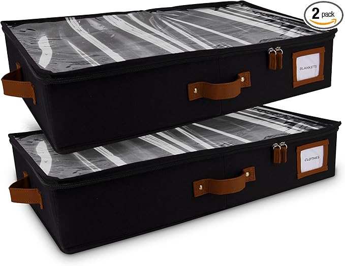HOMELUX THEORY 2pc Under Bed Storage Containers, Bedroom Under the Bed Drawer Storage Organizer with Bins and Lids, Large Underbed Clothes Storage Box Ideal for Blanket, Fabric, & Shoes (Black)