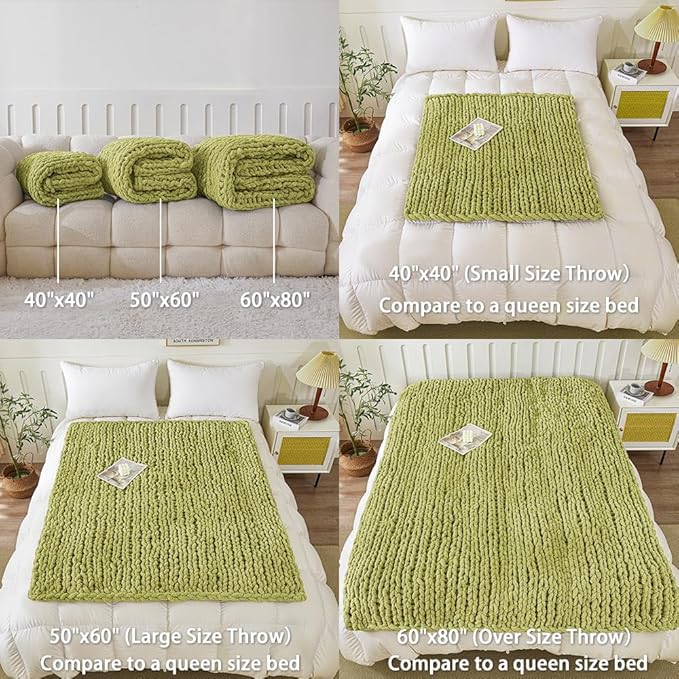 WESHIONGOO Chunky Knit Blanket Throw Knitted Throw Blankets for Couch Bed Fluffy Soft Blanket with Jumbo Chenille Yarn Thick 100% Handmade (Lime Green, 40"×40")