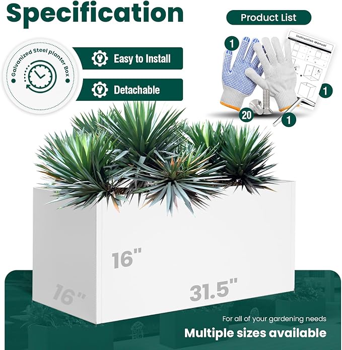 White Steel Planter Outdoor Indoor Planter Box Galvanized Steel Metal Large Planters Rectangular Flower Pot 31.5 In L x 16 In W x 16 In H Modern Commercial Residential for Trees Patio Deck Yard Garden