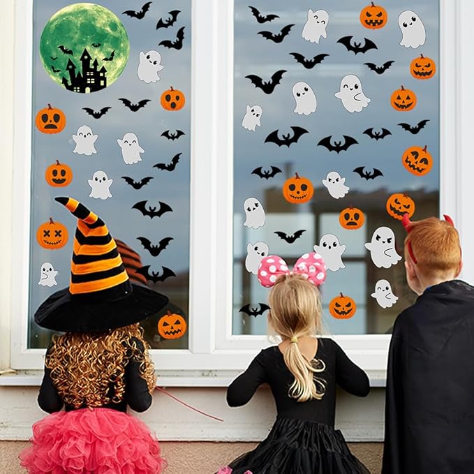 6 Sheets Halloween Window Clings Halloween Window Stickers Double-Sided Removable Castle Pumpkin Ghost Bat Window Decals Decor for Scary Halloween Theme Party Decorations