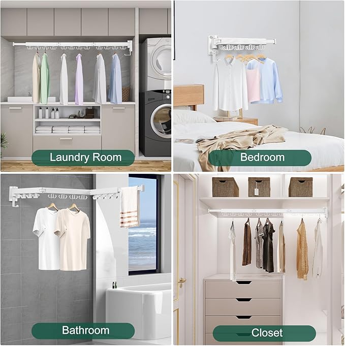 Wall Mounted Clothes Drying Rack, Laundry Drying Rack Wall Mount, 3-Fold Drying Rack Clothing, Foldable Clothes Drying Rack with 12 Dual Hooks Organization for Laundry Room Indoor - White