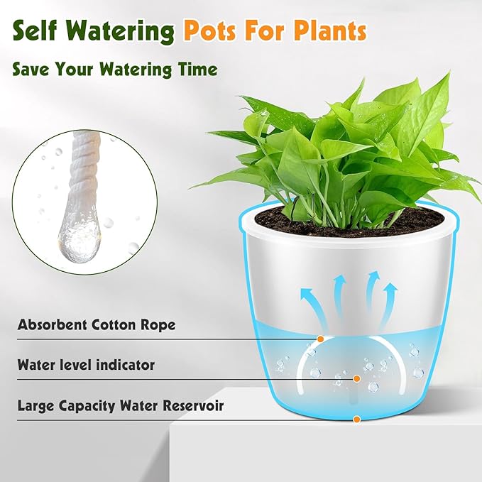 Self-Watering Pots for Indoor Plants, 8-Pack Self Watering Planter with Drainage Holes, Small African Violet Pots with Water Indicator, 5 Packs 5''/3 Pack 6.7'' Orchid Pot, White