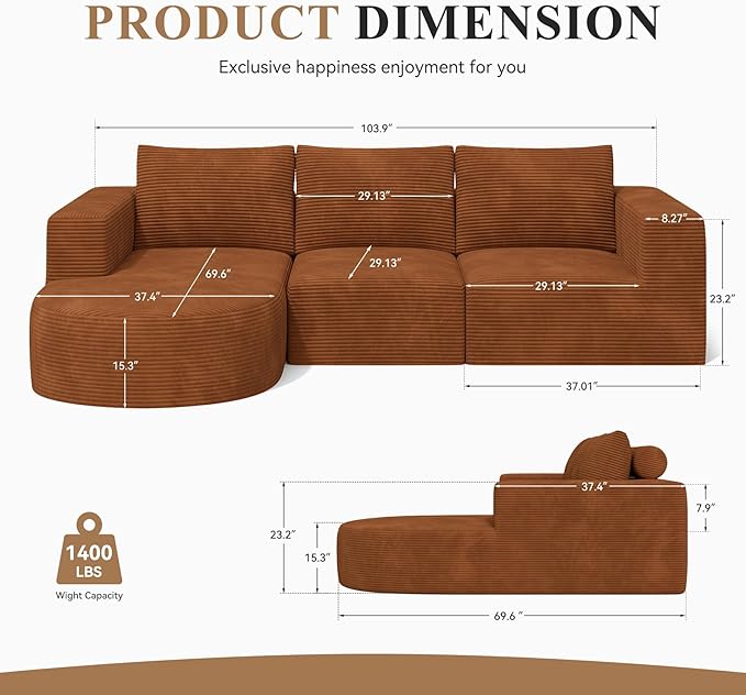 Modular Sectional Sofa with L-Shape Chaise,Cloud Sectional Modern Sleeper Couch with Deep Seat,Sponge Compression Sofas No Assembly Required (Brown-Corduroy Fabric) 1PCS