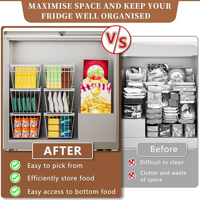 3 Pack Stackable Deep Freezer Organizer Bins ，Upgraded Bottom Leak-Proof net，Encryption and Hardening ， Freezer Organizer Bins for 5 to 9 Cu.FT Small Chest Freezer， Easy Get Bottom Foods