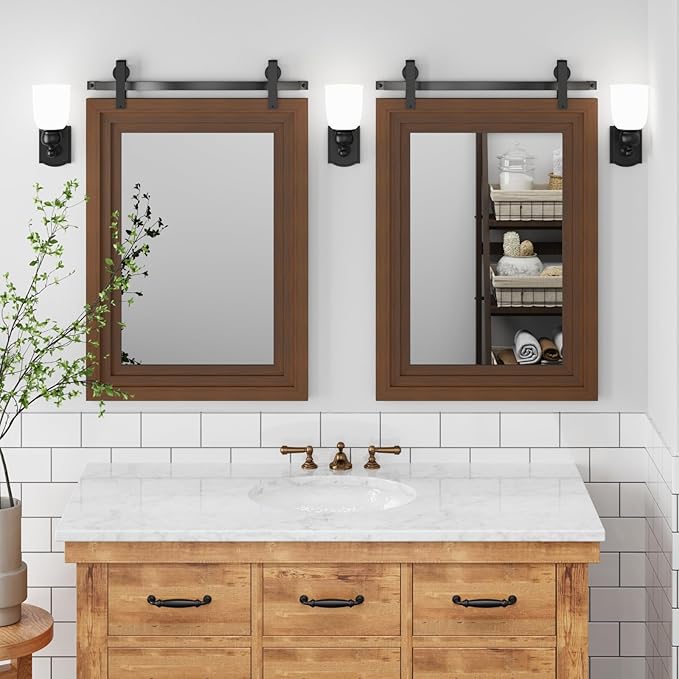 ALBAD Farmhouse Wood Framed Wall Mirror, Natural Wood and Framed Wall Mounted Bathroom Vanity Mirror for Farmhouse Decor, Vertical or Horizontal Hanging