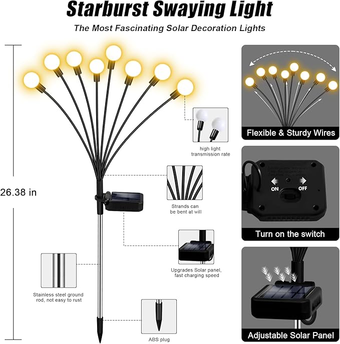 Solar Garden Lights,Solar Firefly Lights,8 Pack 64 Heads Solar Lights Outdoor Decorative,Sway by Wind, High Flexibility Iron Wire & Heavy Bulb Base,Yard Patio Pathway Lawn