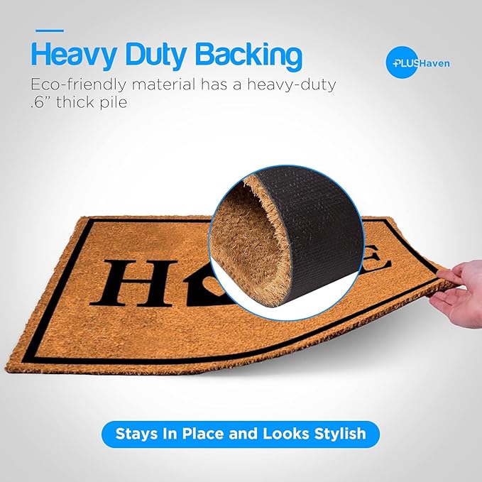 PLUS Haven Coco Coir Door Mat with Heavy Duty Backing, Natural Home Doormat, 17.5”x30” for Entrance, Front Porch, Easy to Clean Entry Mat, Outdoor and Indoor Uses, Home Decor