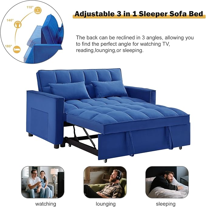 3 in 1 Sleeper Sofa Bed, Futon Sofa Bed for Living Room with Side Pocket, Blue Sleepers Sofas Couch with Pullout Beds, Convertible Love Seat Sleepers couch for Living Room, Bedroom, Small Space