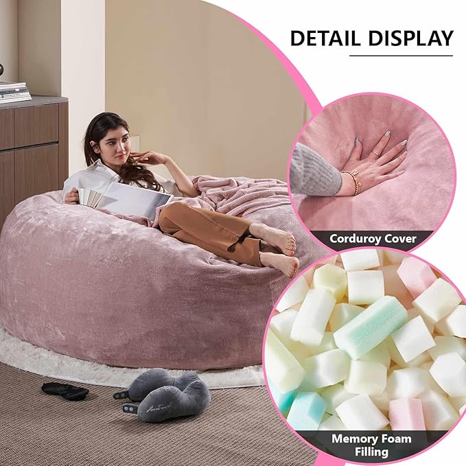 6FT,Oversized Bean Bag Chairs for Adults,Giant beanbag with Filler Included，Fluffy Memory Foam,Soft and Comfy Corduroy Fabric,Gaming Chairs Suitable for Living Room and Bedroom (Pink, 6 Foot)