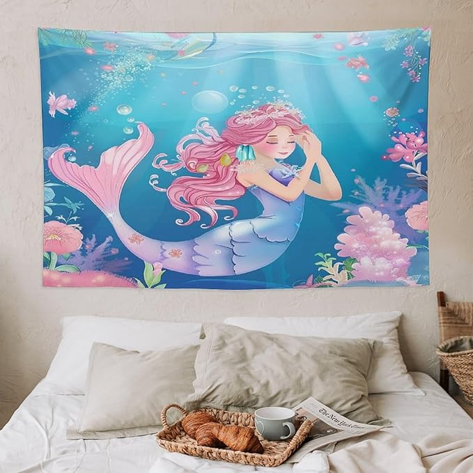 HZOHNAGO Mermaid Girls Tapestry Watercolor Flowers Mermaid Princess Blessing Pattern for Kids Room Decoration Printed Wall Tapestry Wall Hanging for Bedroom Living Room Dorm 60" W x 40" H
