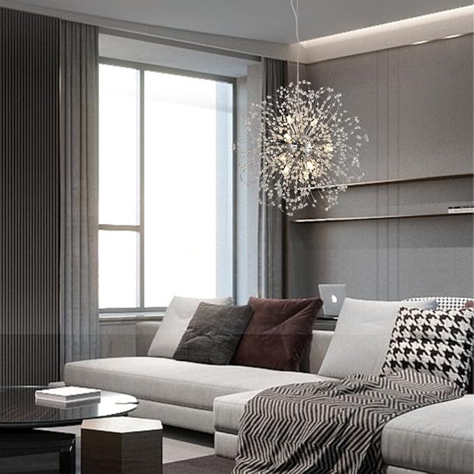 Sputnik Crystal Chandelier, Modern Beaded Ceiling Lamp with Chrome, Round Dandelion Pendant Light Fixtures for Living Room Bedroom Dining Room Farmhouse Kitchen Island (Chrome 9Lights)