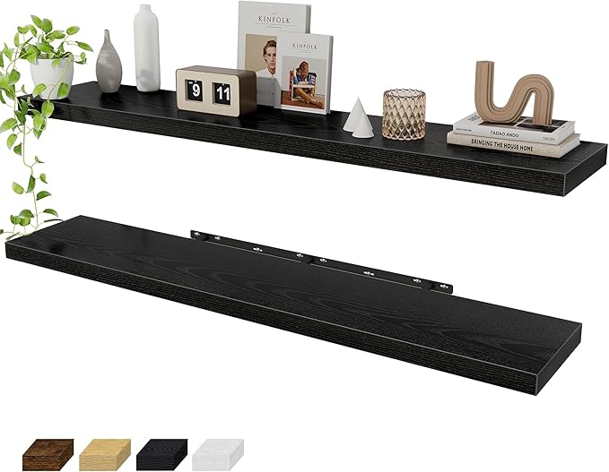 Fun Memories 55 Inch Floating Shelves for Wall 2 Pack Shelves for Bedroom|Kitchen|Bathroom 55 x 9.3 Inch Wood Floating Shelf with Invisible Brackets for Books|Storage|Decor, Black