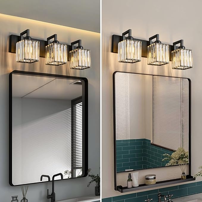 Modern Bathroom Vanity Light 3-Lights Black Crystal Wall Lamp Bathroom Modern Crystal Vanity Lighting