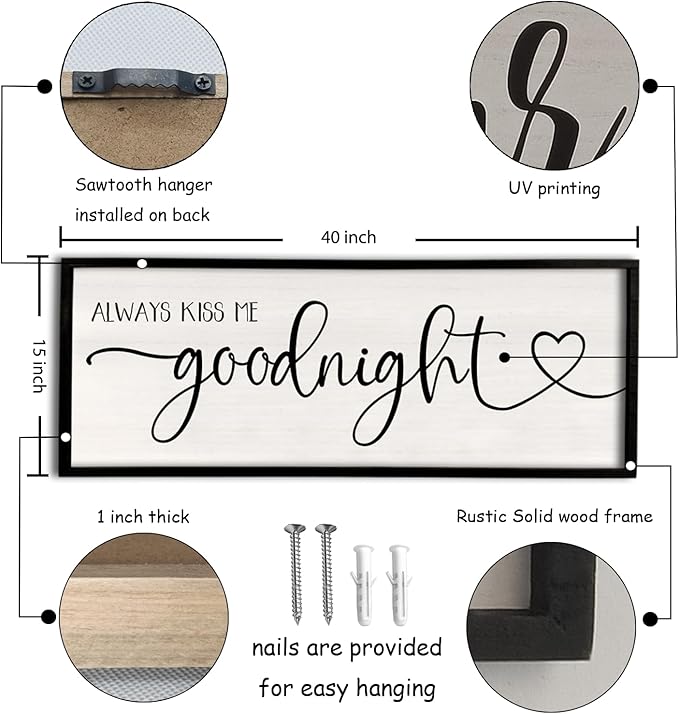 flowtorely Always Kiss Me Goodnight Wall Sign For Master Bedroom Above Bed Wall Decor 40''×15'' Large Rustic Solid Wood Frame For Farmhouse Couples Above bed Wall Art Decoration (Black)