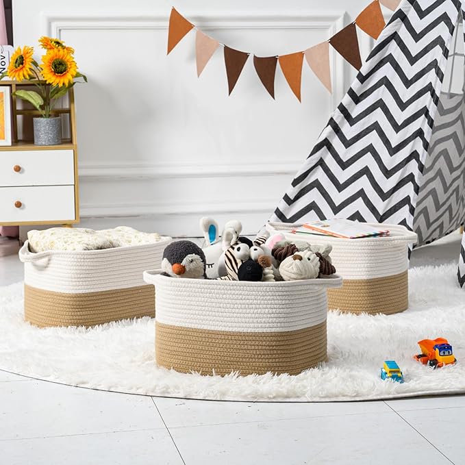 Cotton Rope Woven Storage Basket, Used for Baby Hamper Toy Organizer, Gift Baskets Empty,Kids Laundry Basket,Baby Blanket Storage. Size 15x10x8.7 Inches. (White&Khaki-3PCS)