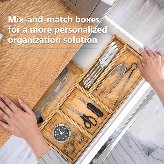 Bamboo Kitchen Drawer Organizer,Stackable Silverware Tray Utensil Organizer Cutlery Holder for Kitchen,Wooden Storage Box for Bathroom, Multi-Use Storage Bins Boxs Dividers for Office(9x6x2.5 inch）