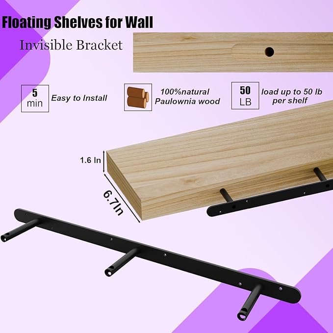 IAE Floating Wall Shelves 48 inch,Bathroom Shelves Wall Mounted,Invisible Shelves Floating Kitchen Shelves,Wooden Wall Shelves with Brackets for Living Room Wall Mounted,Easy Install,Set of 2,Natural