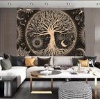 FORATER Tree of Life Tapestry Wall Hanging Sun Moon Stars Tapestries Aesthetic Galaxy Wall Tapestry Nature Home Decoration for Living Room Bedroom(36 x 48 Inch, Black and Gold)
