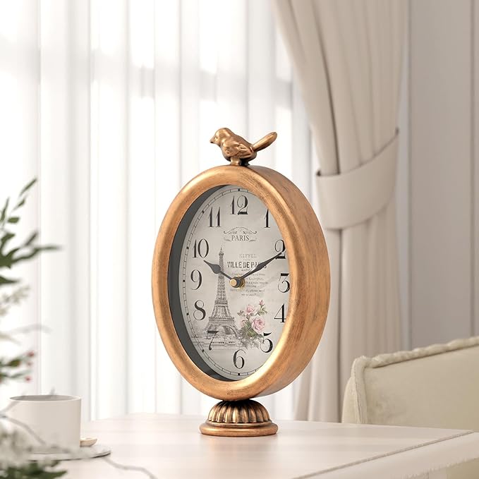 Vintage Table Clock with Bird, Desk and Shelf Decor Clock, French Paris Style, Antique Gold Metal Mantel Clocks for Living Room, Farmhouse, Bedroom, Bedside, Gift (10" H x 5.9" W)