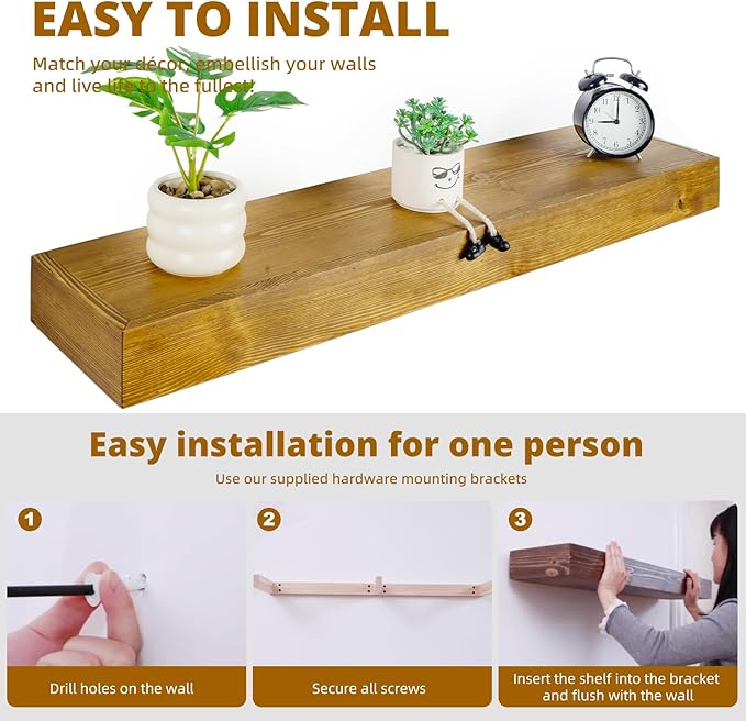 Floating Shelves 3 inch Thick for Wall Set of 2,Solid Pine Wood Wall Mount Shelf for Kitchen Living Room Bedroom Bathroom,8" D x 60" L x 3" H-Gold Oak