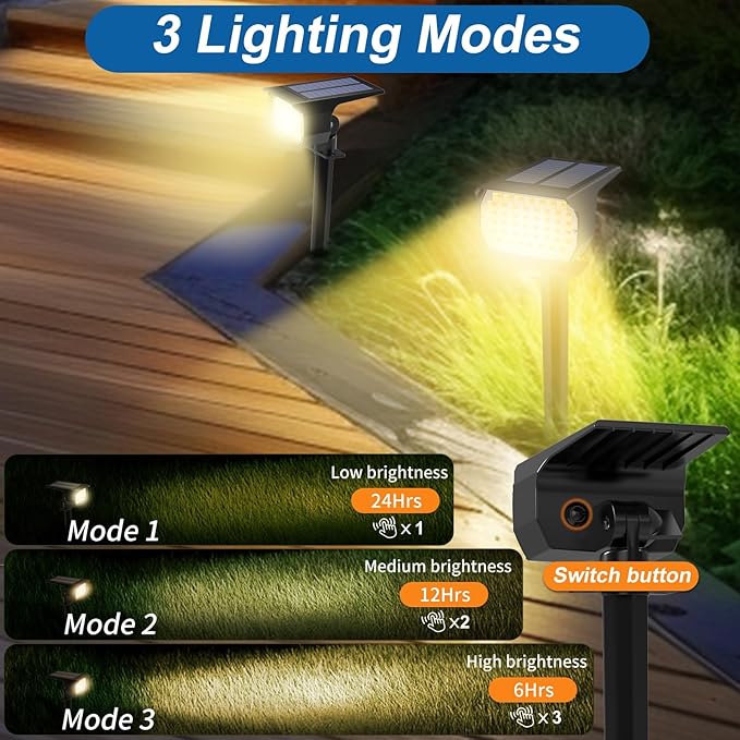 Solar Spot Lights Outdoor Waterproof IP65, 12 Pack Landscape Spotlights with 46 LEDs, 3 Modes Auto On/Off Solar Powered Flood Lights for Outside Pathway, Yard, Garden, Walkway (Warm White)