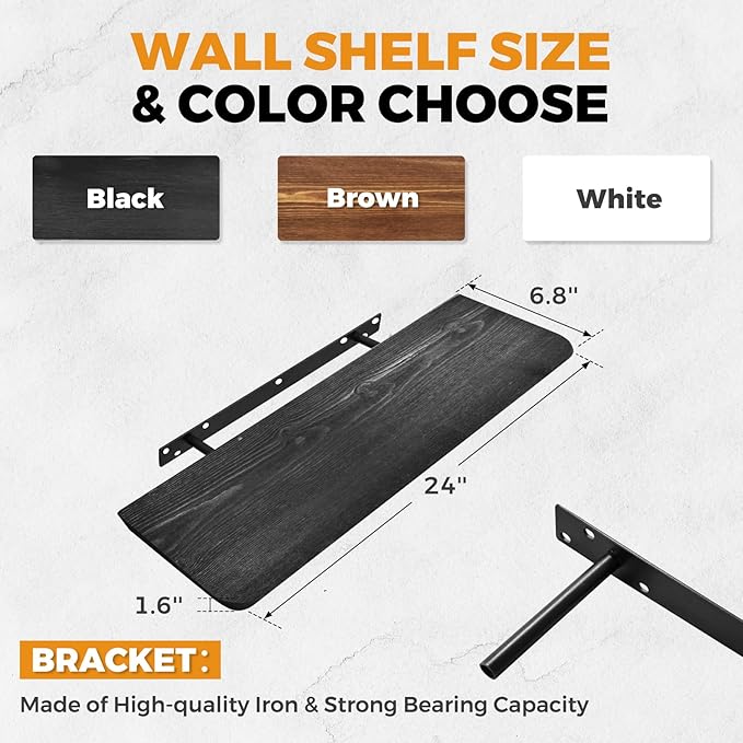 24"x6.8"x1.6" Slanted Floating Wall Shelves 2-Pack - Rustic Black Finish, Heavy-Duty Solid Wood Design with Hidden Brackets - Perfect for Living Room, Kitchen, Bathroom, or Office
