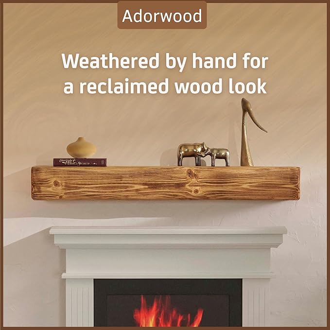 Handmade Fireplace Mantel Shelf 60", Rustic Wood Mantles for Over Fireplace, Wall Mounted Floating Mantel Shelves for Living Room Decor (Light Rustic, 60Lx6Hx8D)