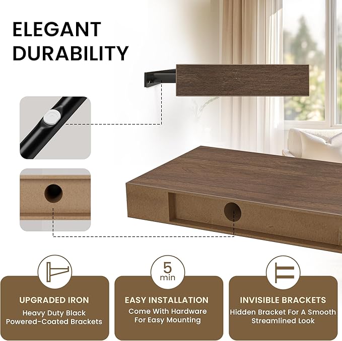 Floating Shelves for Wall, 72"W x 9.3"D x 1.5"H, Long Wooden Wall Mounted Display Shelves with Invisible Brackets for Living Room, Bedroom, Bathroom, Kitchen Decor and Storage, Set of 1, Walnut