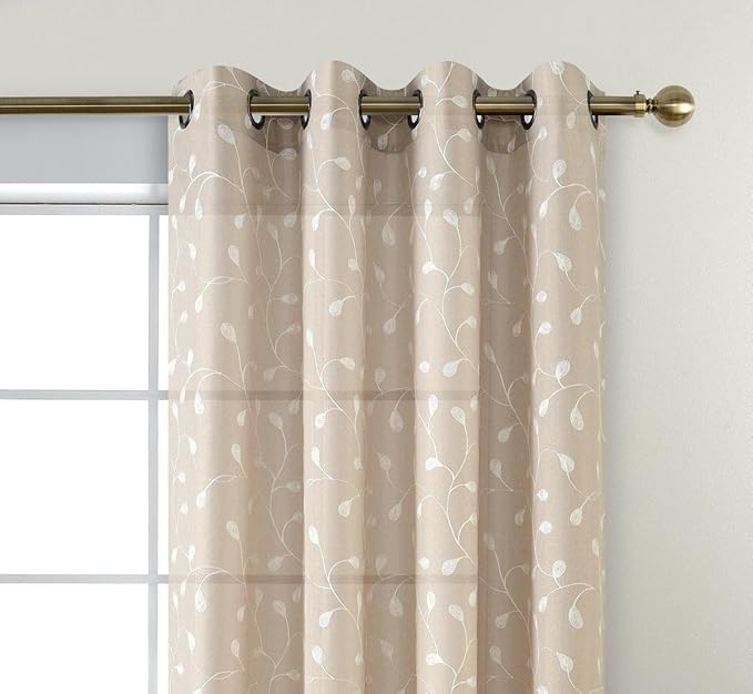 MIUCO Floral Embroidered Semi Sheer Curtains Faux Linen Grommet Curtains for Kitchen 52 x 84 Inch 2 Panels, Linen