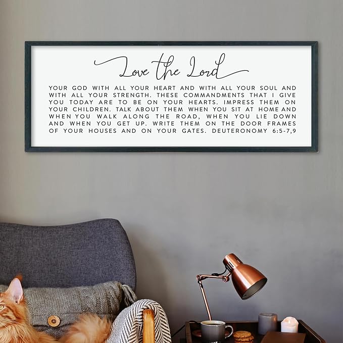 LuZhiQiang Love The Lord Your God With All Your Heart Wall Decor Art 40"×15" Deuteronomy 6:5-7, 9 Scripture Sign Bible Verse Large Wood Framed Wall Hanging (Black)