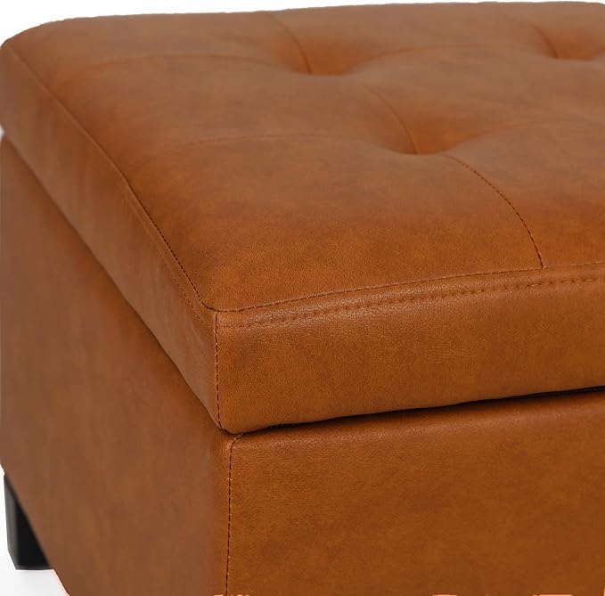 Adeco 17.5" Faux Leather Storage Ottoman with Hinged Lid, 14 Inch High Square Cube Foot Stool with Storage, Upholstered Vanity Stool with Solid Wood Legs for Living Room, Bedroom, Dorm (Warm Orange)