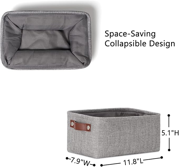 DULLEMELO Small Storage Baskets 11.8"x7.9"x5.1", Fabric Storage Bins for Shelves,Closets,Nursery,Home,Office [3 Pack], Collapsible Storage Baskets with Leather Handles (Gray)