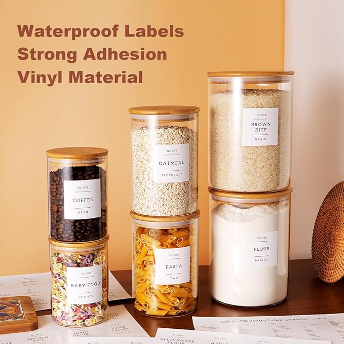 Set of 6 Glass Flour and Sugar jars with 132 Kitchen Pantry Labels - Thicken Large Glass Storage containers with Airtight Bamboo Lid - Glass Rice Canisters for Salt Coffee(100OZ/54OZ/27OZ)
