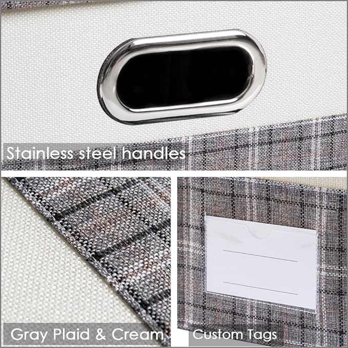 PRANDOM Collapsible Storage Bin with Lid [3-Pack] Fabric Foldable Storage Box Organizer Container Basket Cube with Cover for Home Bedroom Closet Office Nursery Gray plaid & Cream(14.9x9.8x9.8)
