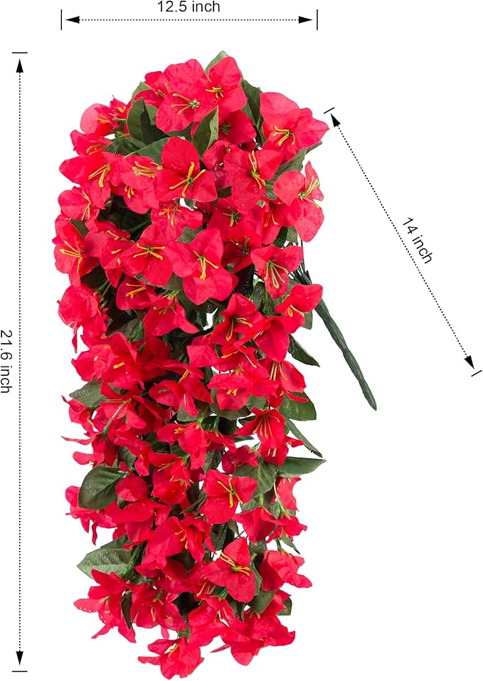 Faux Bougainvillea Artificial Flowers Plants for Outdoor Outside Decoration, 2 PCS Red Fake Flowers UV Resistant Look Real Silk Long Trailing Vines for Front Door Porch Planter Urn Patio Garden Yard