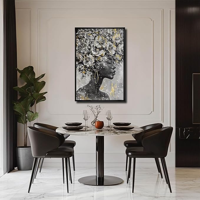 MLART99 Gold African American Wall Art Black Woman Wall Decor with Frame Vertical Floral Canvas Painting Modern Print Bedroom Living Room Decor 24x36 Inch
