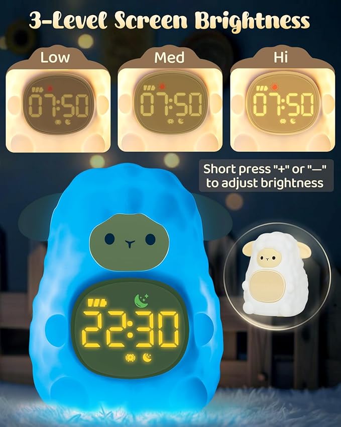 Sheep Alarm Clock for Kids with Night Light, Sleep Training Clock Time to Wake Clock, Rechargeable Silicone Light for Bedroom, Perfect Sleep Companion for Boys Girls