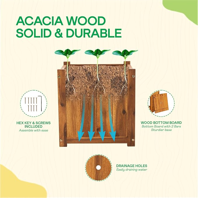 IDZO Acacia Wood Flower Planter Box for Outdoor Plants, 1pc Wooden Raised Garden Bed with Handles, Drainage Holes, Ideal for Garden and Home Décor, Light Cherry