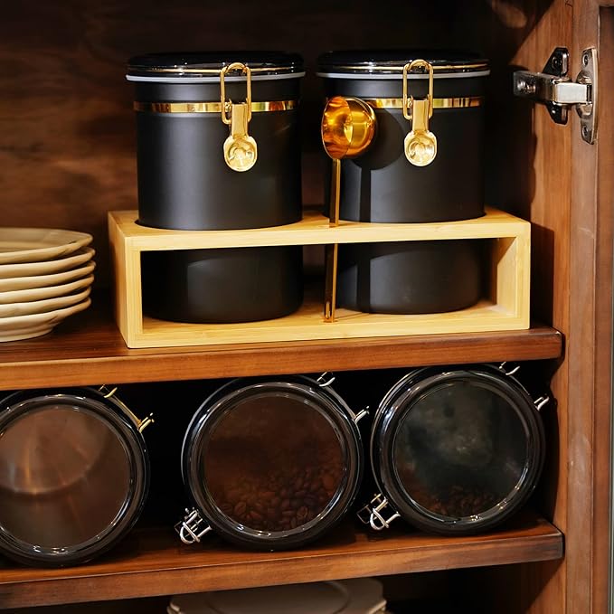 Yangbaga 304 Stainless Steel Coffee Canisters for Ground Coffee,2 x 63OZ Coffee Container with Shelf Coffee Bean Storage, Food Storage Jar with Gold Airtight Locking Clamp and Spoon for Kitchen