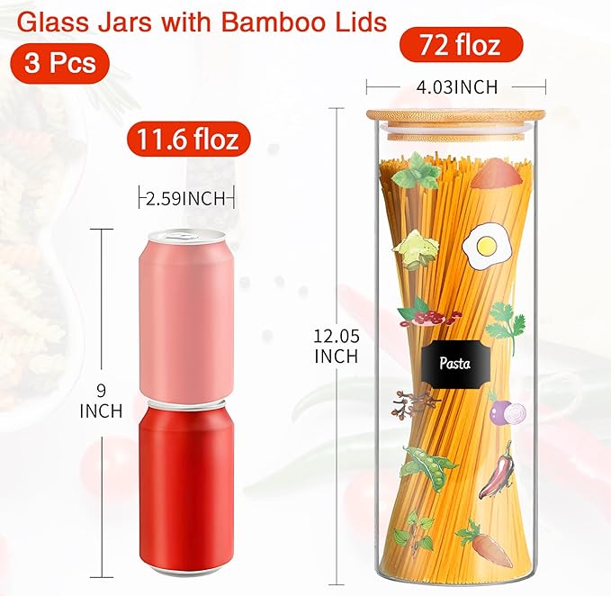 Glass Jars with Bamboo Lids, 72oz 3Pcs Kitchen Glass Containers with Bamboo Lids, Airtight Glass Pantry Storage Containers with Lids for Spaghetti, Pasta, Rice, Nuts, Flour, Bean, Dry Foods