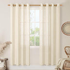 LAMIT Semi Sheer Linen Curtains for Living Room, 80 Inch Length, Light Filtering Panels Bronze Grommet Faux Linen Textured Window Drapes for Bedroom/Porch, Beige, 52 x 80 Inch, 2 Panels