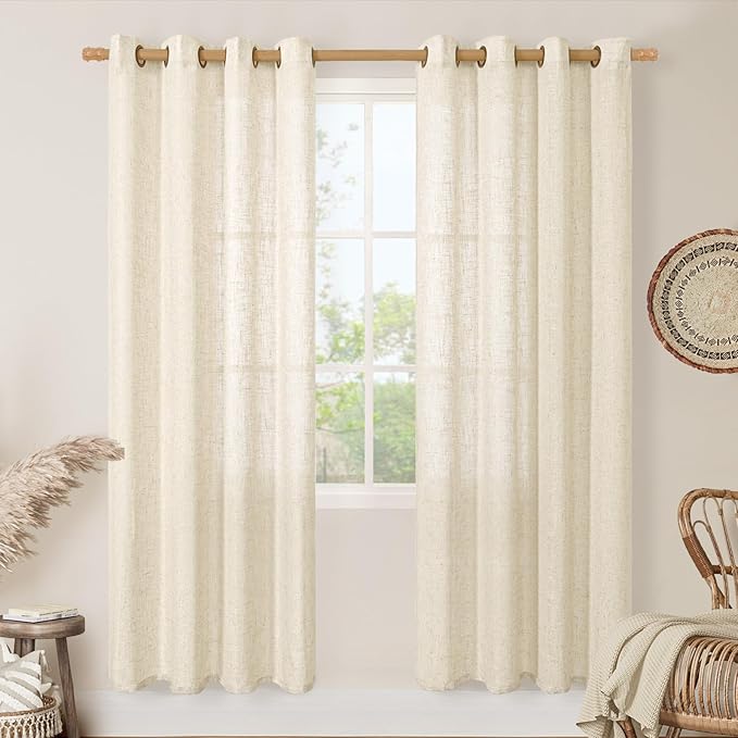 LAMIT Semi Sheer Linen Curtains for Living Room, 80 Inch Length, Light Filtering Panels Bronze Grommet Faux Linen Textured Window Drapes for Bedroom/Porch, Beige, 52 x 80 Inch, 2 Panels