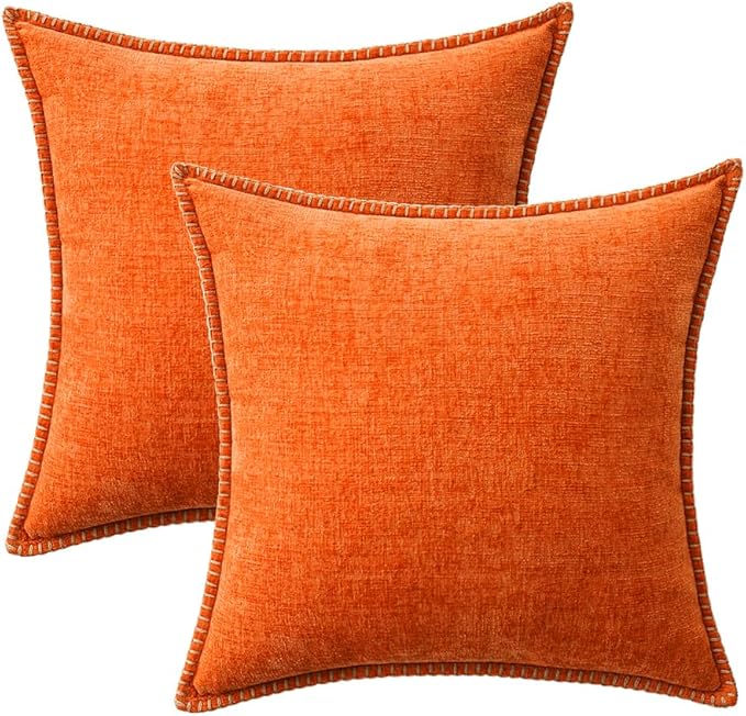 MIULEE Pack of 2 Fall Couch Throw Pillow Covers 18x18 Inch Bright Orange Farmhouse Decorative Pillow Covers with Stitched Edge Soft Chenille Solid Dyed Pillow Covers for Sofa Bed Living Room