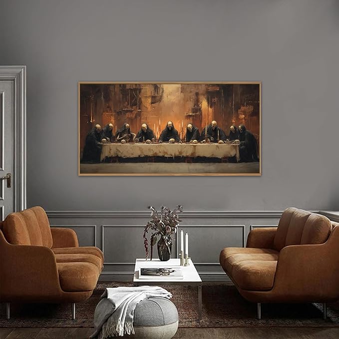 KAIRNE Framed Skeleton Canvas Wall Art,Abstract Retro Skull Print Set of 1(40”X20”),Scary Halloween Pictures,Horror Wall Art,Skeleton Last Supper Posters for Living Room Bedroom Ding Room Office Decor