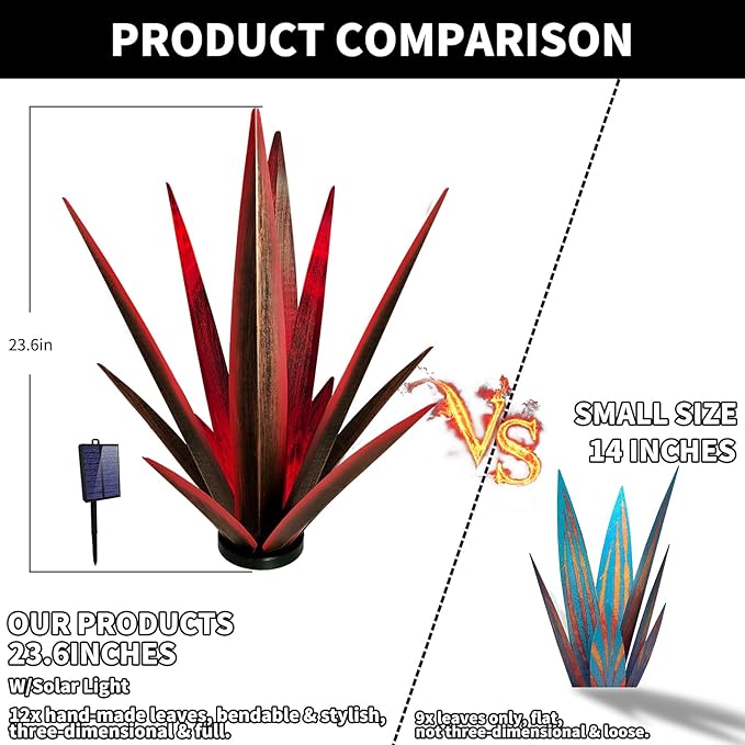 Large Tequila Rustic Sculpture, Rustic Metal Agave Plants for Outdoor Patio Yard, Home Decor Hand Painted Metal Agave Garden Yard Statue, Outdoor Lawn Ornaments (Red - L (W/Solar Light))